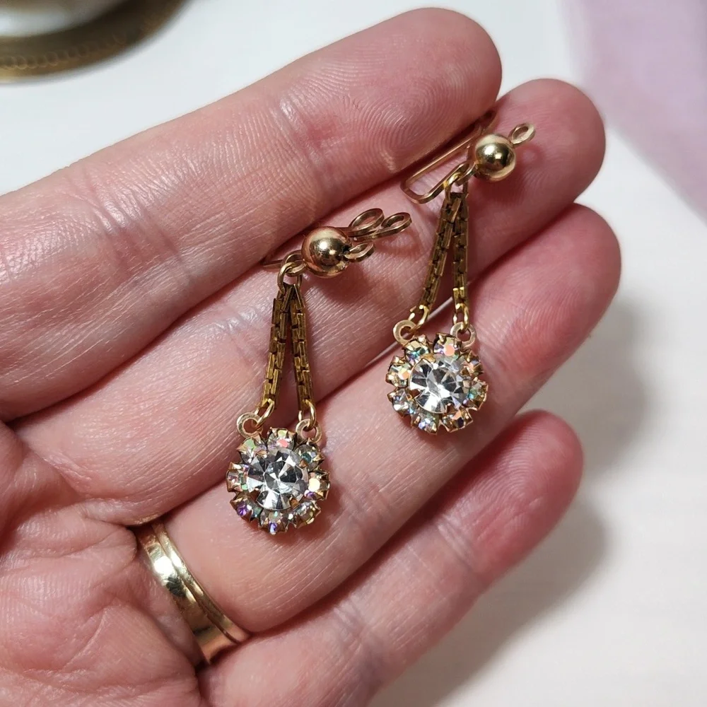 Vintage AB Aurora Borealis Gold tone Slide on Halo Chandelier Drop Earrings - Picture 4 of 7